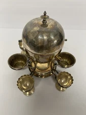 Antique Mappin & Webb Prince’s Plate Silverplate Egg Cruet Set w/ 6 Cups Warmer