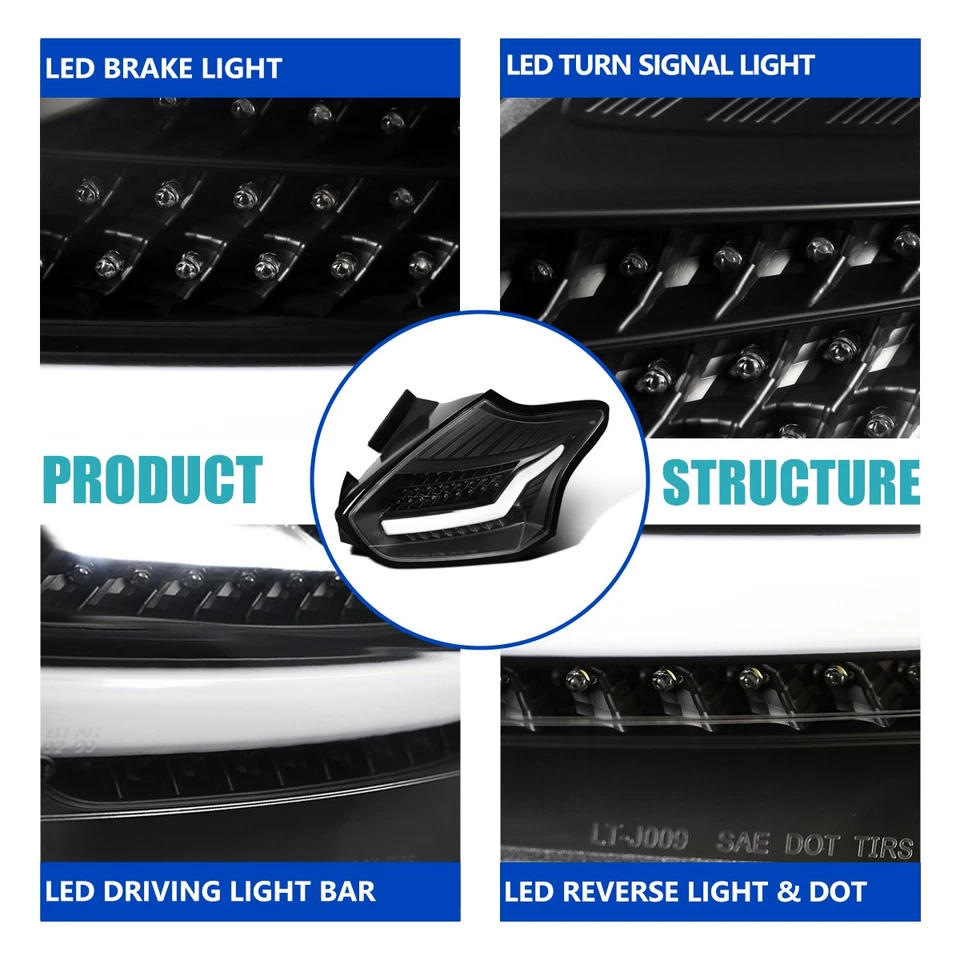 Fits 2015-2018 Ford Focus 4Dr Hatchback Black LED Tail Lights Brake Lamps Pair — 第 3/4 张图片
