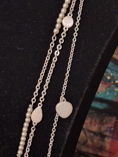 Silver/Pewter Tone Triple Strand Layered Beaded Charm Long Chain Necklace - Picture 2 of 15