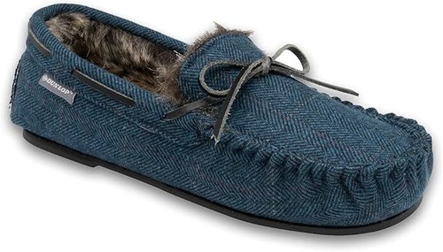 Dunlop Mens Moccasins Slippers Loafers Faux Fur Rubber Sole Memory Foam - Picture 15 of 41