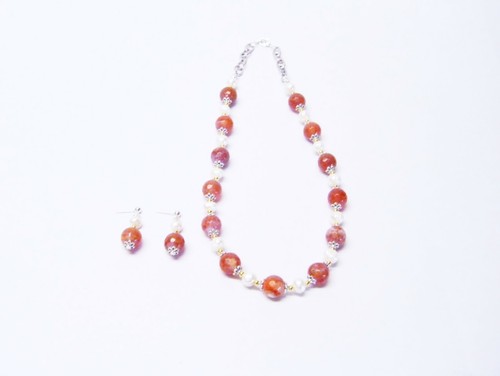 Brown Faceted Round Agate Stone w/White Freshwater Pearl Necklace/Earrings - Picture 5 of 10
