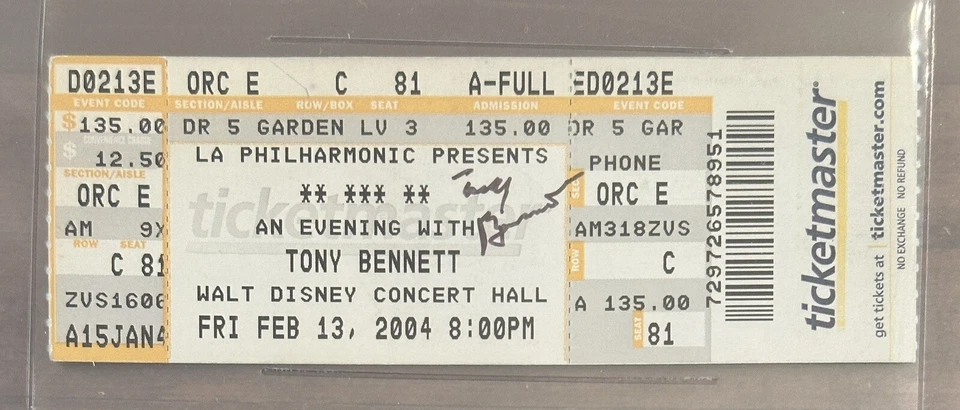 ПОДПИСАННЫЙ ПОЛНЫЙ БИЛЕТ С АВТОГРАФОМ ТОНИ БЕННЕТТА BECKETT BAS СЕРТИФИКАТ ПОДЛИННОСТИ КОНЦЕРТ WALT DISNEY - Изображение 2 из 2