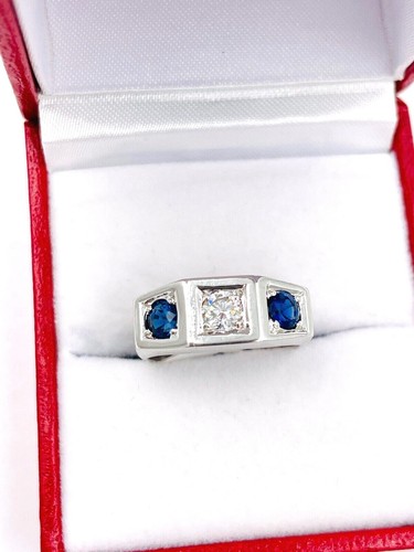Art Deco Diamond and Sapphire White Gold Three Stone Ring - 第 11/12 張圖片