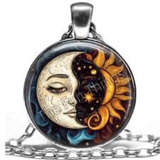 Celestial Sun  Moon Art Print Necklace Glass Top Pendant on 24" Oval Link Chain