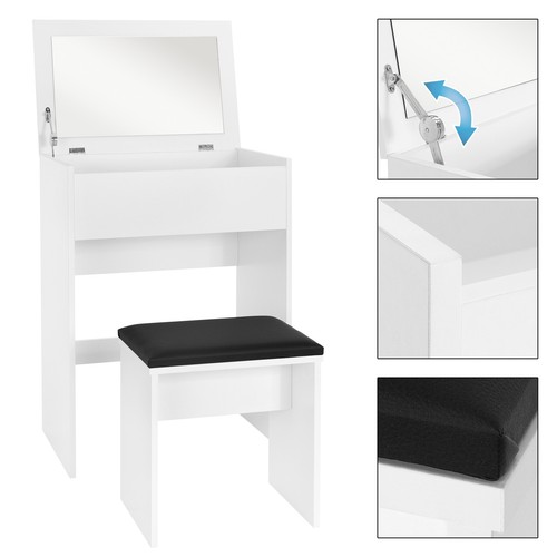 Juego de 2 piezas tocador maquillaje blanco taburete espejo plegable MDF moderno - Imagen 3 de 5