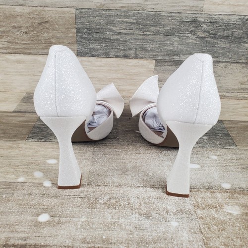 Betsey Johnson Nobble Womens Pumps Sz 8 M Ivory Bow Glitter Slip-On Spool Heel - Picture 3 of 12