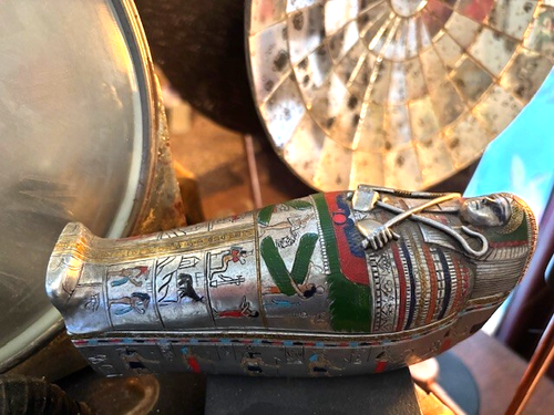 Silver Painted Ancient Egyptian Deco King Tut Sarcophagus Mummy Coffin Box - Picture 3 of 11