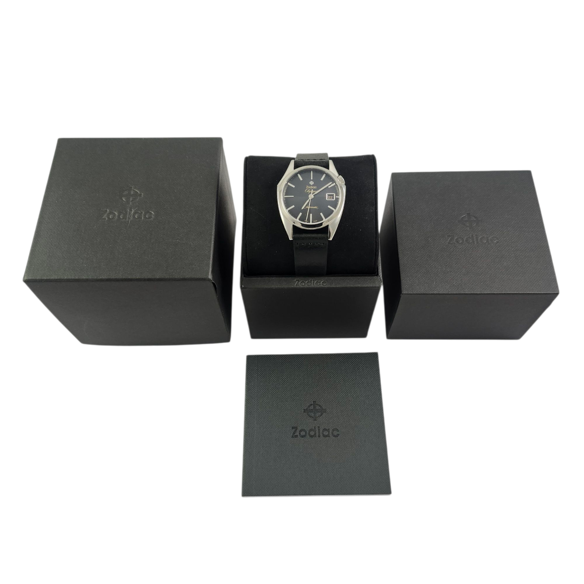 ('ω')出品 NEW Zodiac Olympos Automatic Black & Silver Leather Mens Watch
