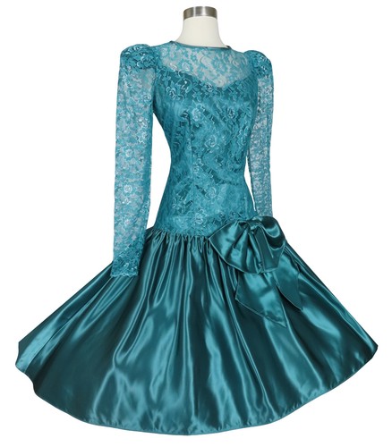 Vintage 80s 90s Teal Blue Green Long Sleeve Lace Full Skirt Prom Party Dress M - Picture 3 of 12