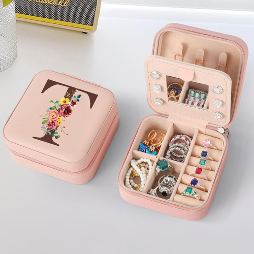 Travel Jewelry Box Case - Pink Letter T - Perfect Thanksgiving Gifts for Teacher - Picture 10 of 13