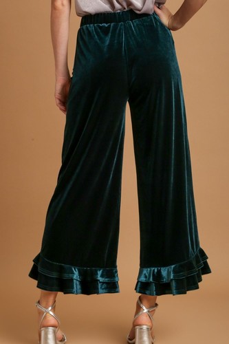 Wide Fit Ruffle Velvet Pants with Embroidered Pockets - Picture 2 of 6