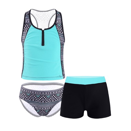 Girls 3Pcs Swimsuit Rash Guard Triangle Bikinis Tankini Sets with Swim Boyshorts - Picture 25 of 36