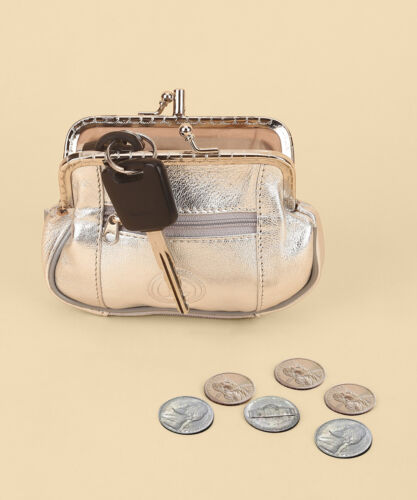 Silver Genuine Leather Woman Coin Purse Double Frame Change Wallet - Picture 8 of 10