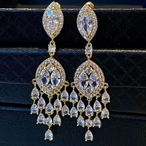 Earrings made w Swarovski Crystal Stone 18k Gold Plated Long Dangle Chandelier