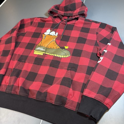 LL Bean Peanuts Hoodie XL Snoopy Woodstock Boot Sweatshirt Red Buffalo Plaid - Picture 2 of 11
