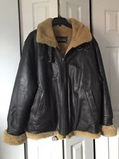 Men’s Custom Leather Shearling Wool Aviator Jacket Brown/Tan Vtg Sz L *READ*