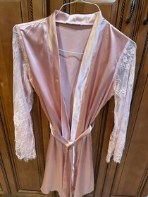 Avidlove Women Size S Sexy Pink Satin Lace Arms Lingerie Kimono Belted Robe EUC