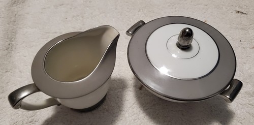 Platina (White with Platinum Color Band) Sugar Bowl With Lid And Cream Pitcher - Picture 6 of 9