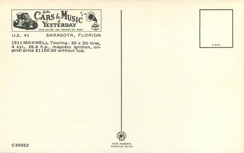1911 Maxwell Touring Antique Car Music Yesterday Sarasota FL Postcard - Picture 2 of 2