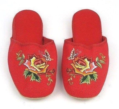 Handmade Embroidered Floral Orange Rose Chinese Women's Cotton Slippers New - Picture 7 of 16