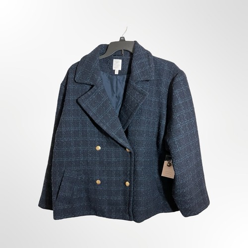 LC Lauren Conrad Double Breasted Blazer Jacket Navy Blue Nubby Plaid 4X New - Picture 2 of 6