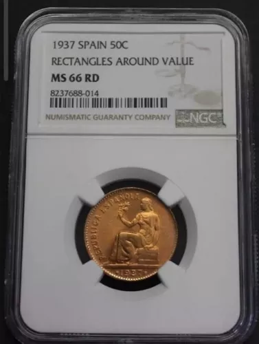 1937 SECOND REPUBLIC 50 CENTIMOS NGC MS66 RD RECTANGLES AROUND VALUE SPAIN
