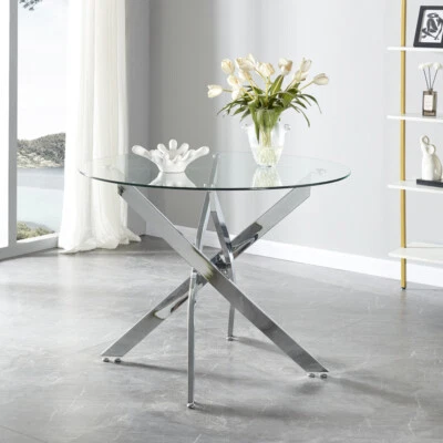 PANANA Round Glass Home Kitchen Table with Stainless Steel Metal Legs Dining Table