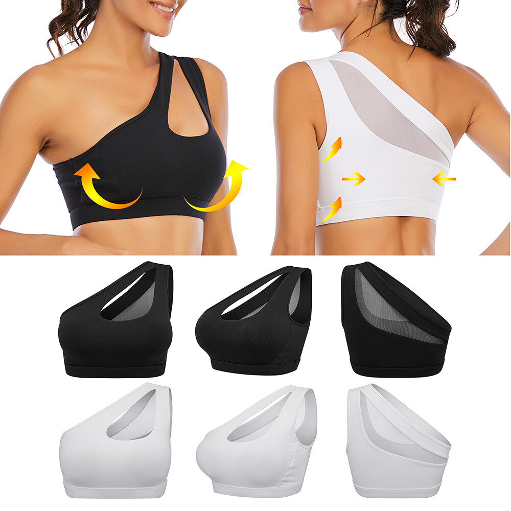 Womens One Shoulder Sports Bras Fitness Yoga Gym Padded Vest Workout Tops  Bras