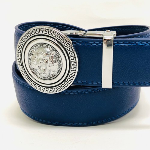 Men's Designer Leather Silver Lion Head Sliding Ratchet Buckle Tan Color Belt - Picture 33 of 33