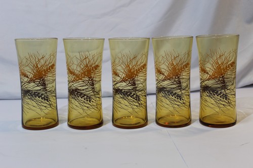 Vtg Elegance Federal Glass Amber Golden Wheat Sheaf Glasses MCM - Set of 5 - Picture 4 of 8