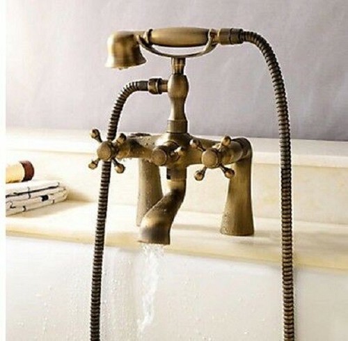 Deck Mounted Clawfoot Bathtub Tap Handheld Shower Gold Vintage Mixer Tub Filler - Picture 16 of 60