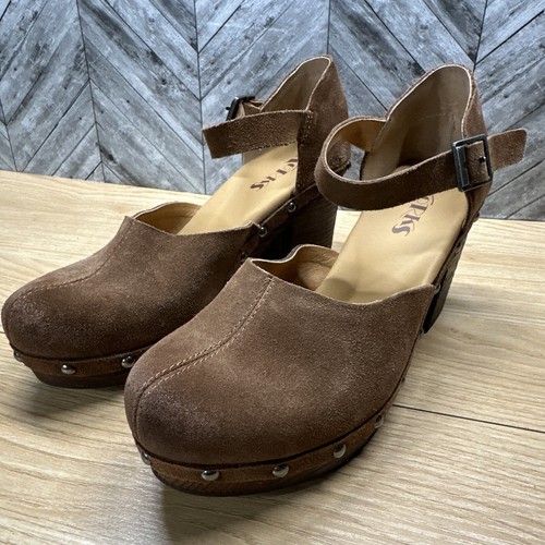 Kork Ease Korks Damen Holz Absatz Mary Jane Clogs Sandalen Größe 8 M Wildleder braun