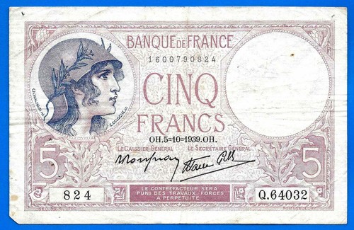 France 5 Francs 1939 5 October Purple Franc Frcs Frs Free Ship Worldwide - Picture 3 of 3