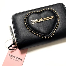 NWT JUICY COUTURE Love Heart Bifold Wallet Black PU Zip Around  Card Case