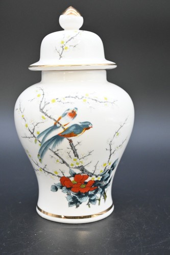 Vintage Japanese Ginger Jar White Cherry Blossom with Birds Jay Fine China - Picture 2 of 12
