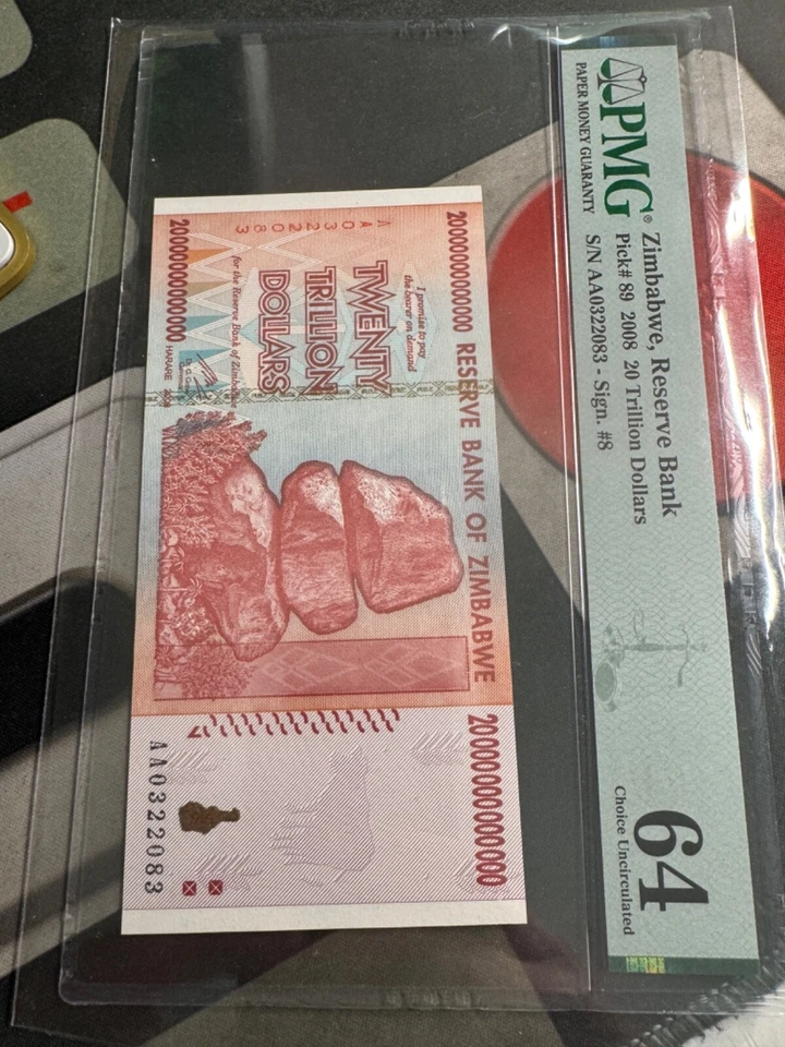 Autêntica nota de 20 trilhões de dólares PMG Zimbábue, ESCOLHA UNC 64 EPQ, AA/2008 - Imagem 3 de 4