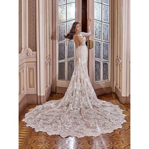 Val Stefani Wedding Bridal Dress Cathedral Train Mermaid Long Sleeve Lace Sz 12 - Picture 2 of 9