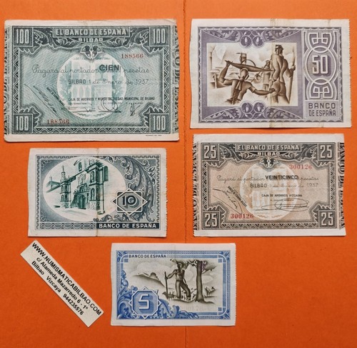 5 Billetes **NUMISMATICA BILBAO 5+10+25+50+100 PESETAS 1937 España EUSKADI R/10 - Imagen 2 de 6