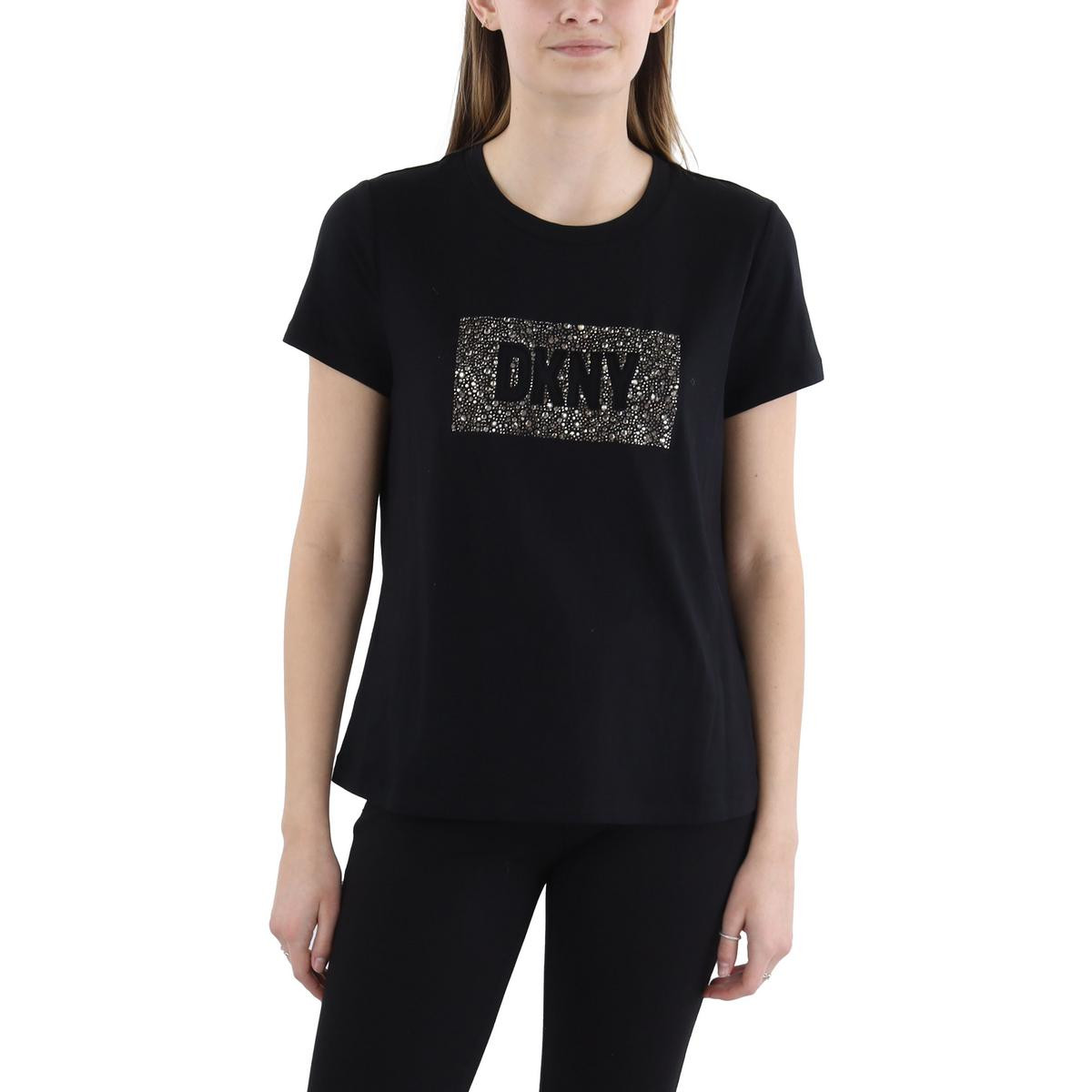 Женский черный пуловер с круглым вырезом и заклепками с логотипом DKNY, L BHFO 4744