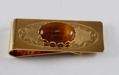 Estate Tiger's Eye 18K Yellow Gold Over Etched Design Money Clip For Men's (1PC) - Picture 6 of 10
