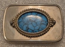 Vintage Silver Toned With Faux Turquoise Belt Buckle 3"  2"