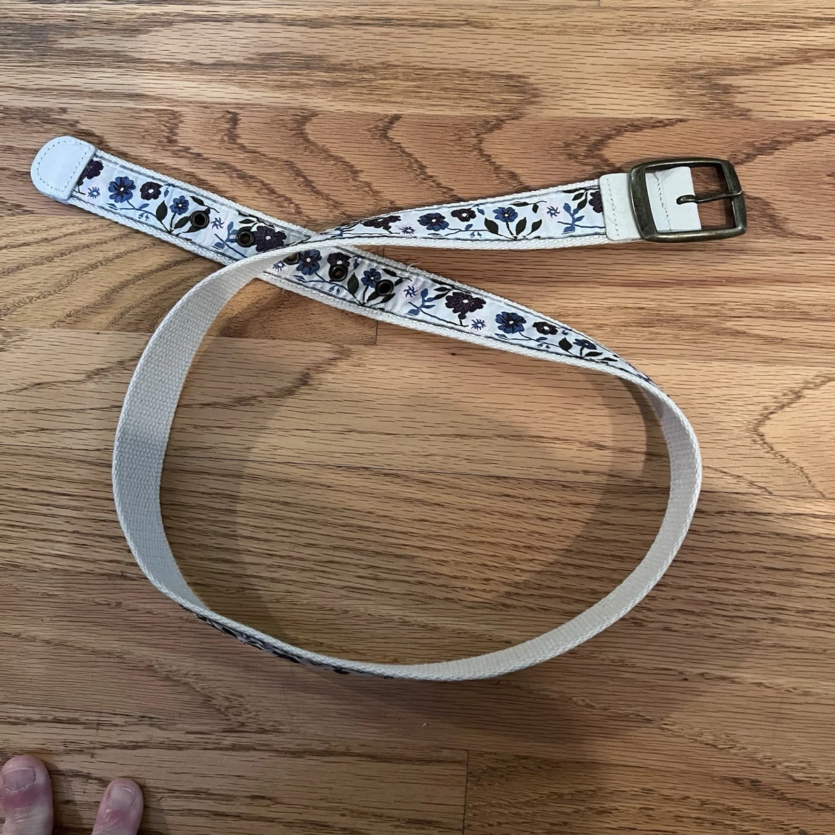 Unbranded Floral Embroidered Canvas Belt Womens 36 Cream Excellent Boho Frayed Florcita Blanca Skinny Embroidered Belt – Artesana Love main image 3