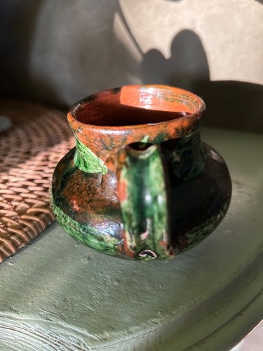 Antike frühe Keramik Tasse Yellowware Pottery Redware grüne Schwammgeschirr Streifen - Bild 6 von 8