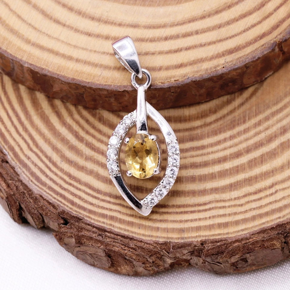 Naturale Taglio Ovale Citrino & Zirconi Marquise Forma Ciondolo 925 Argento - Immagine 2 di 4
