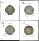 Lot of (4) Four Coins - 90% Silver Barber Quarters - 1901, 1902, 1904-O, 1905