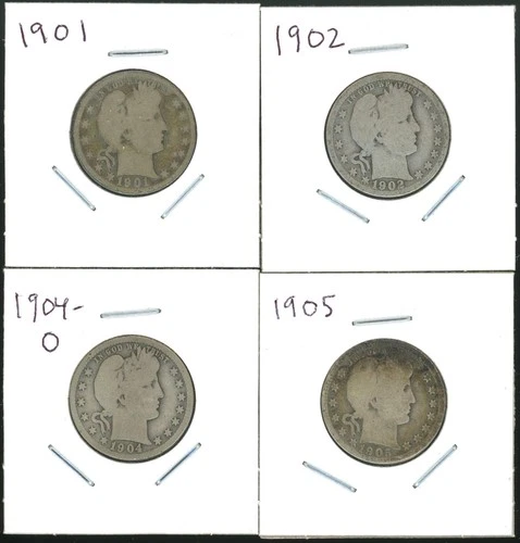 Lot of (4) Four Coins - 90% Silver Barber Quarters - 1901, 1902, 1904-O, 1905