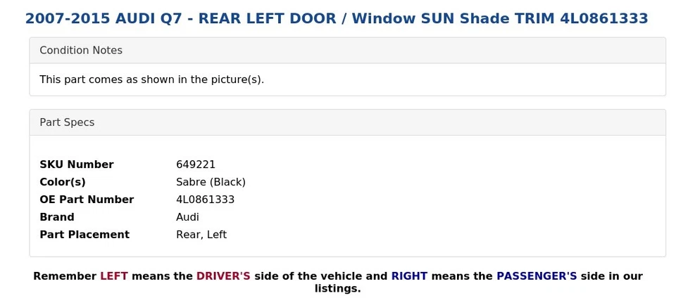 2007-2015 AUDI Q7 - REAR LEFT DOOR / Window SUN Shade TRIM 4L0861333 - Image 4 of 4