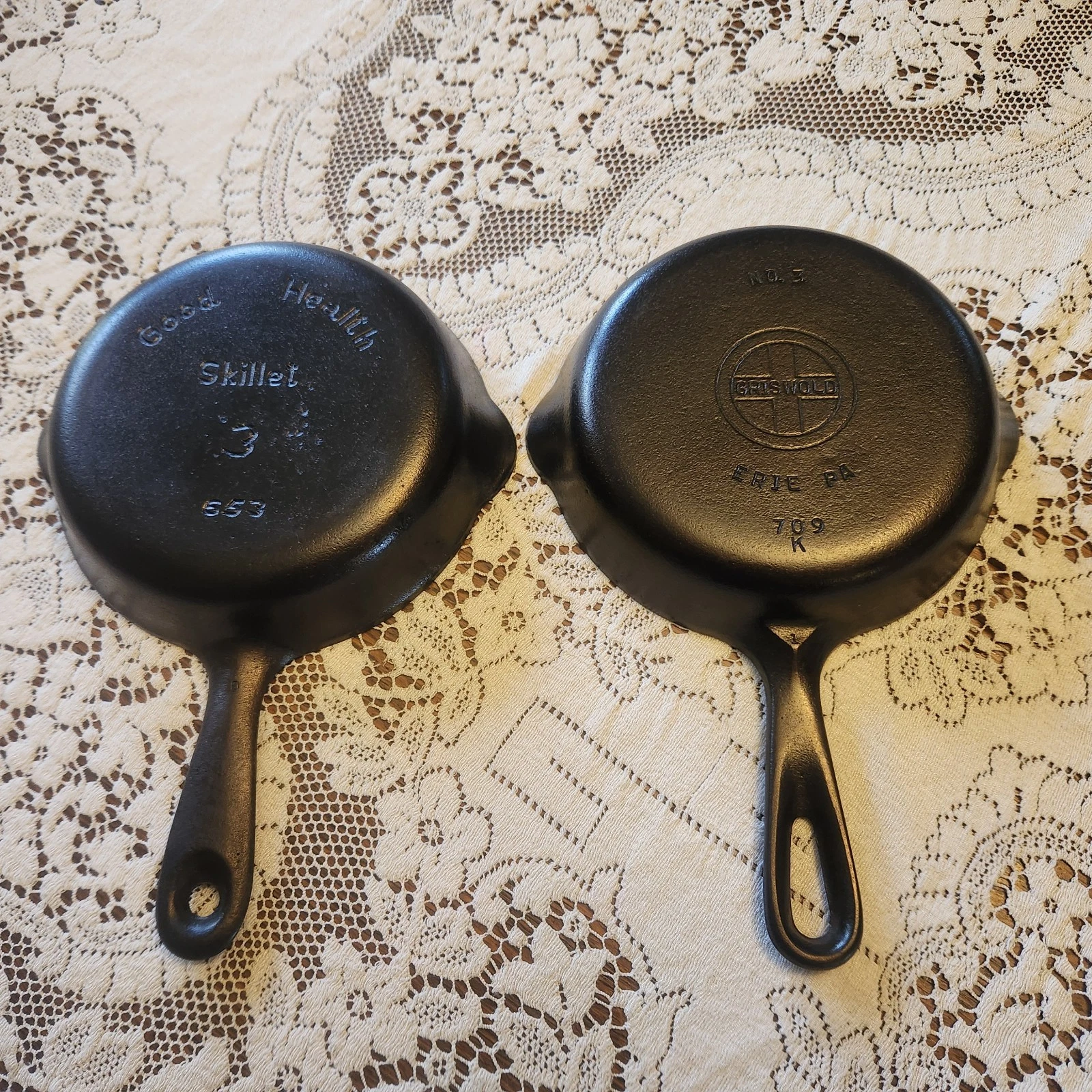 2 VTG Griswold #3 Skillets Small Block Logo 709 K And Good Health 653 Restored