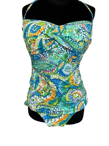 Lauren 2 Piece Tankini Swim Suit Sz 14 Teal Paisley Multi Top And Bikini Bottom - Picture 2 of 12