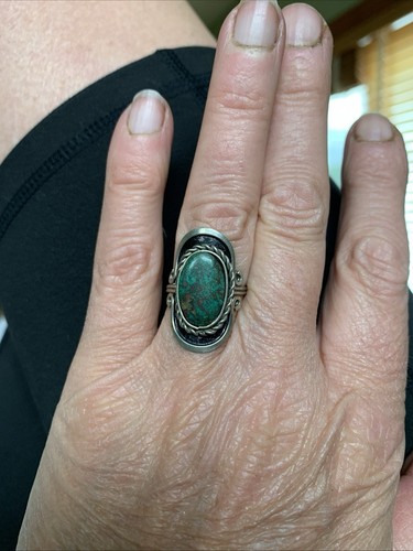 Silver Tone Wire Wrapped Green Stone Statement Ring- Adjustable Enameled - Picture 2 of 5